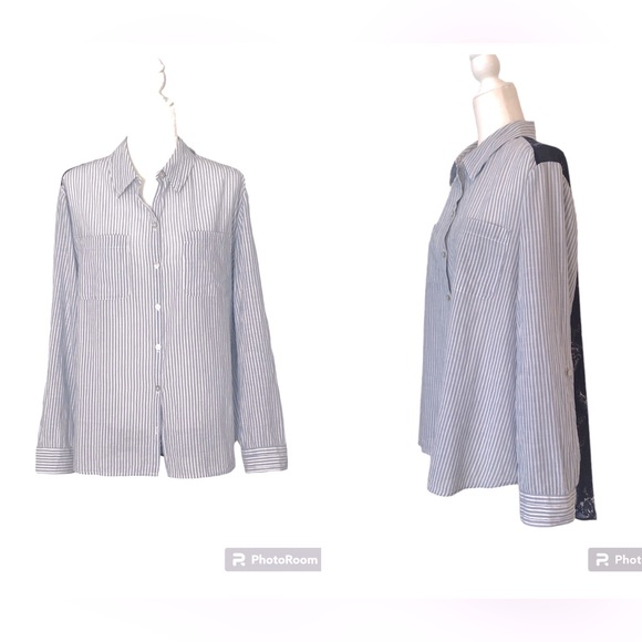 Chico’s Pinstripe Front Sheer Floral Back Shirt - Picture 4 of 16